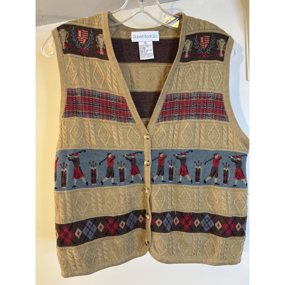 VTG ROBERT SCOTT Women's  Brown Golf Argyle Sweater Vest S Preppy‎
